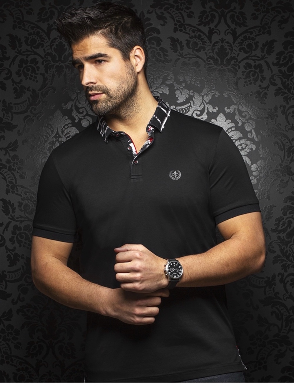 AU NOIR Polo Gustav Black Polo Shirt with Button Down Collar .